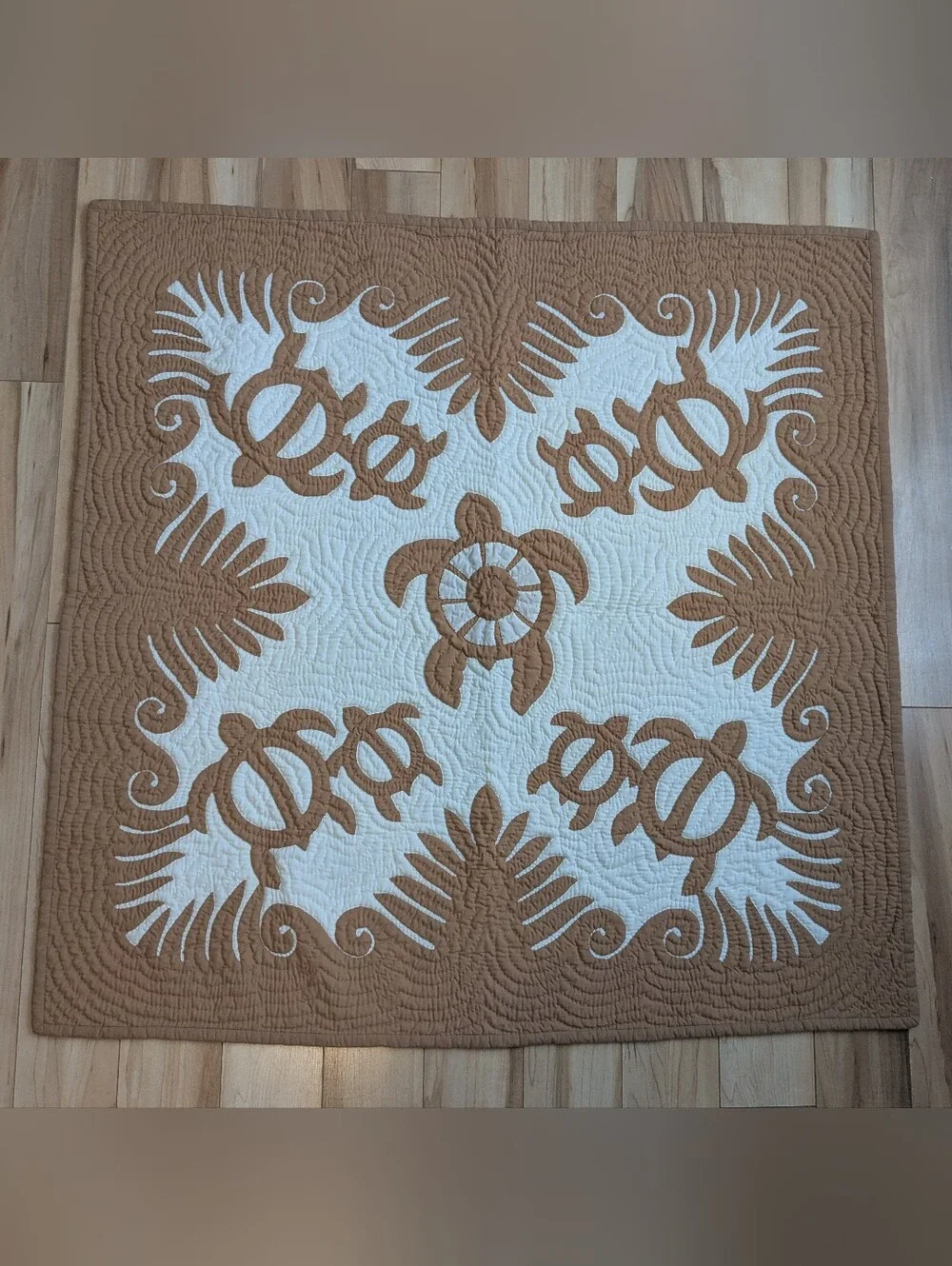 Tiare Hawaii Tan and White Hawaiian Appliqué Quilt And Wall Hanging